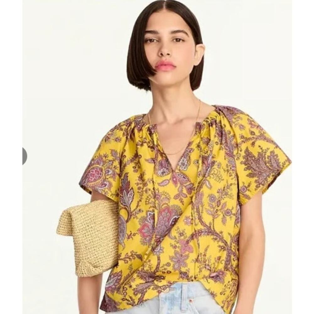 J. Crew Collection Tie-Neck Cotton Poplin Top Blouse Ratti Golden Paisley M